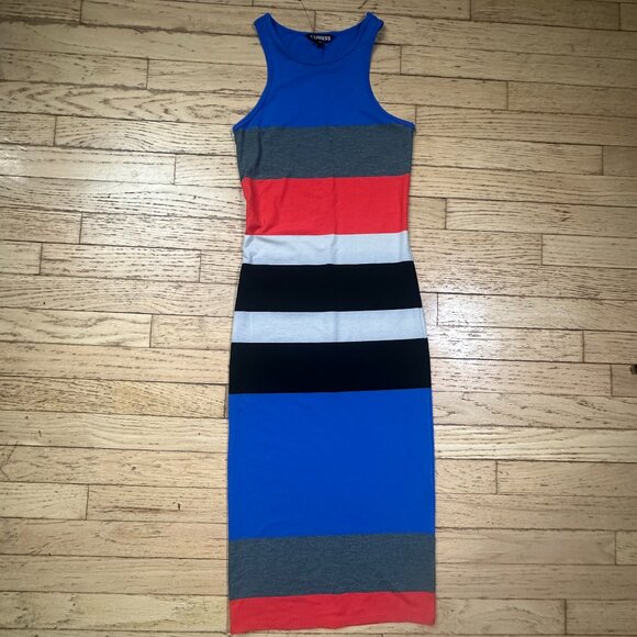 NWOT Express Blue and Multicolor Striped Bodycon Midi Dress Size XS - Picture 2 of 6